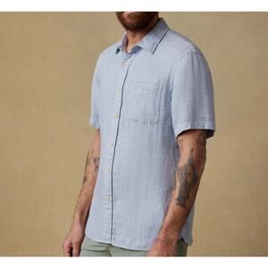 Faherty Palma Linen Short Sleeve Button Up Shirt Blue Basketweave Mens Large